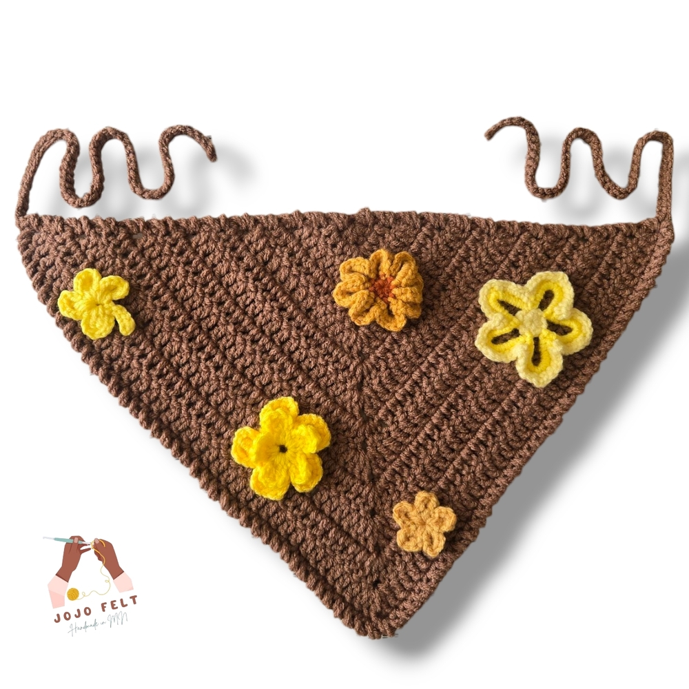 Flowerful Brown/Yellow Bandana, Handmadebyme, Lightweight, One Size, All Crochet